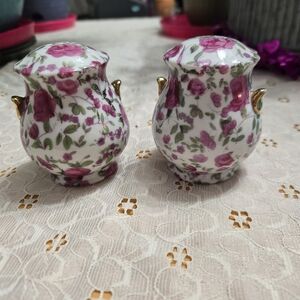 Vintage Enesco Pink Rose Chintz Floral Salt & Pepper Shaker Set